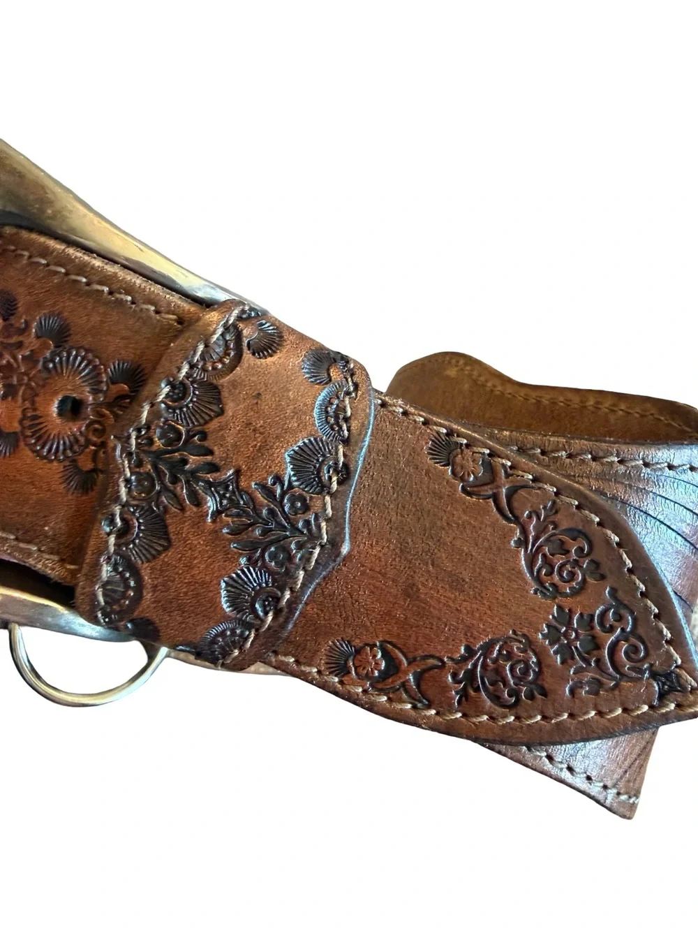 Buffalo Co. Brown Leather Belt Embossed Floral Stamped Unique Turquoise Women's
